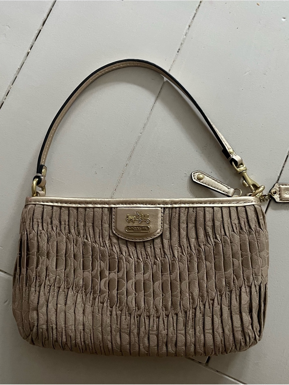 Coach Beige Ruched Leather Wristlet with Gold Hardware